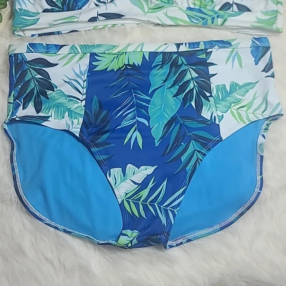 Tropical Leaf Print Two-Piece Swim Set in Blue & Teal